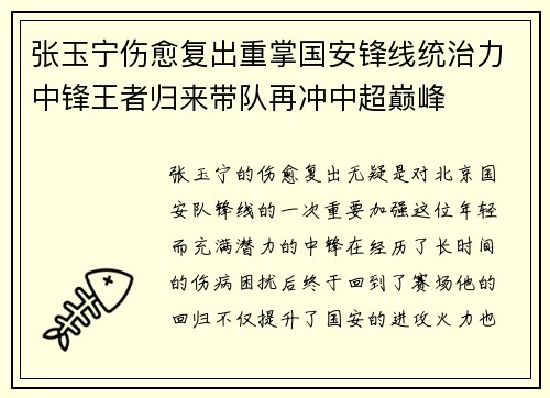 张玉宁伤愈复出重掌国安锋线统治力中锋王者归来带队再冲中超巅峰